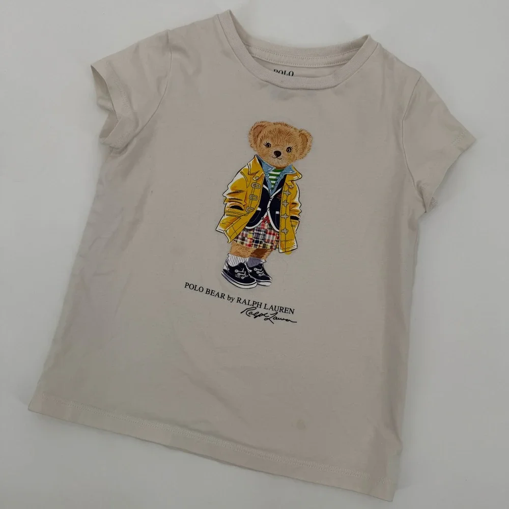 Polo Ralph Lauren Girls Cream Polo Raincoat‎ Bear Graphic T-Shirt Size 4T